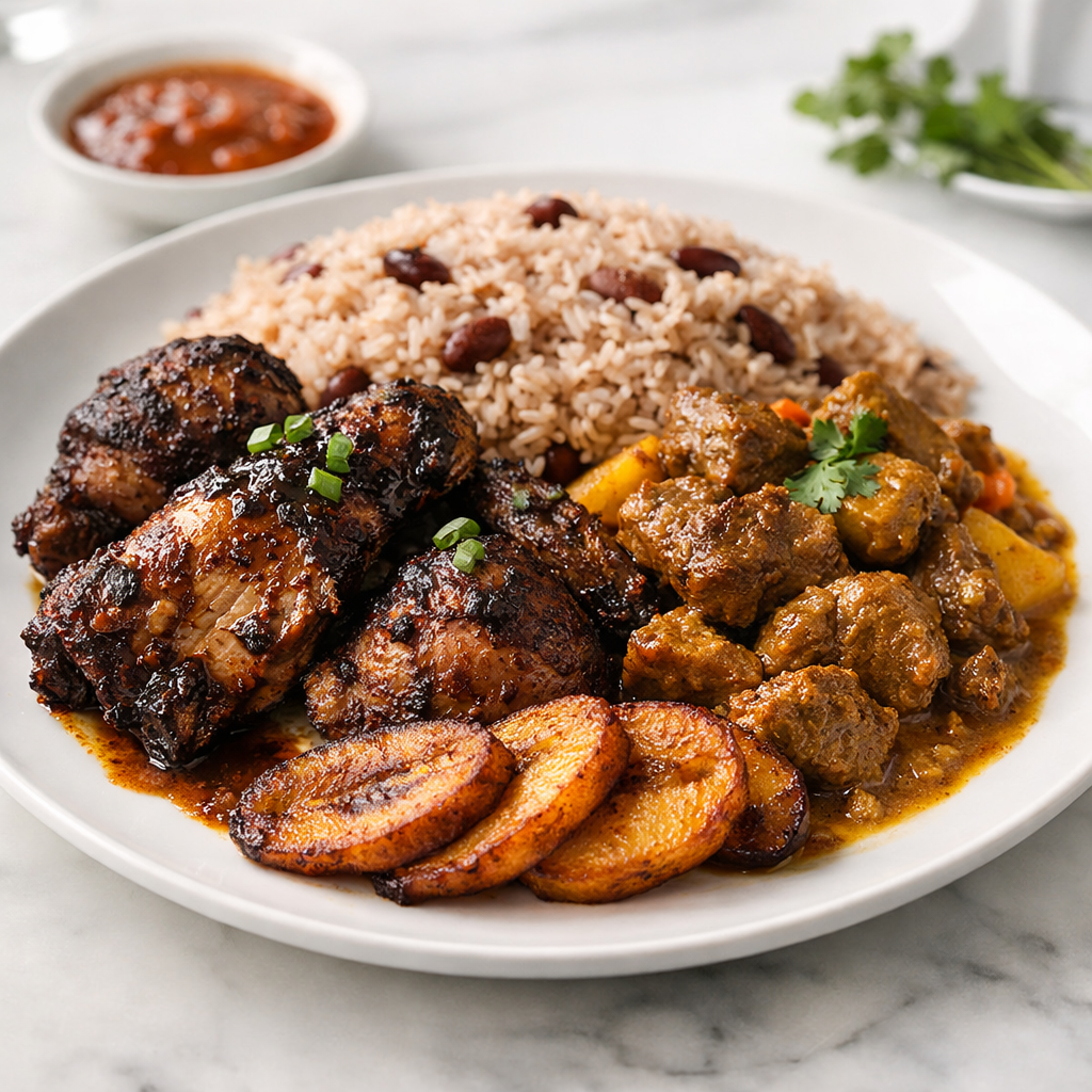 Rice and Peas Jerk Chicken, Curry Mutton, and Plantain